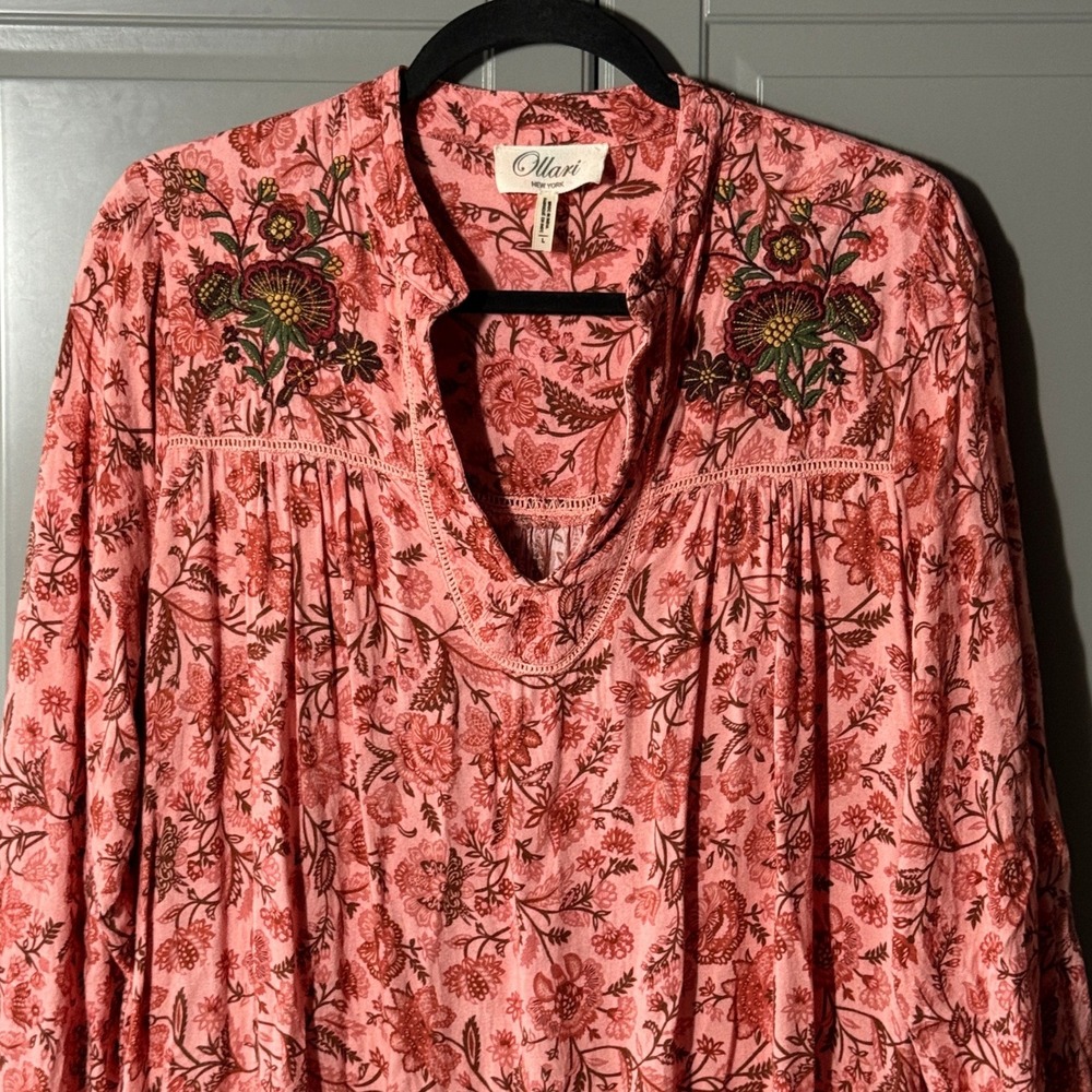 Anthropologie Ollari Rose Garden Embroidered Lace Knee Length Tunic Dress,Pink,L